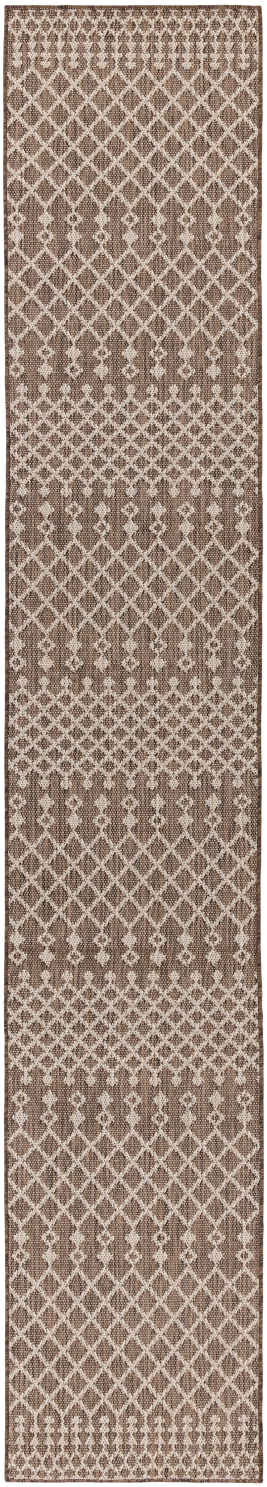 Long brown and cream geometric lattice runner rug with diamond trellis pattern.