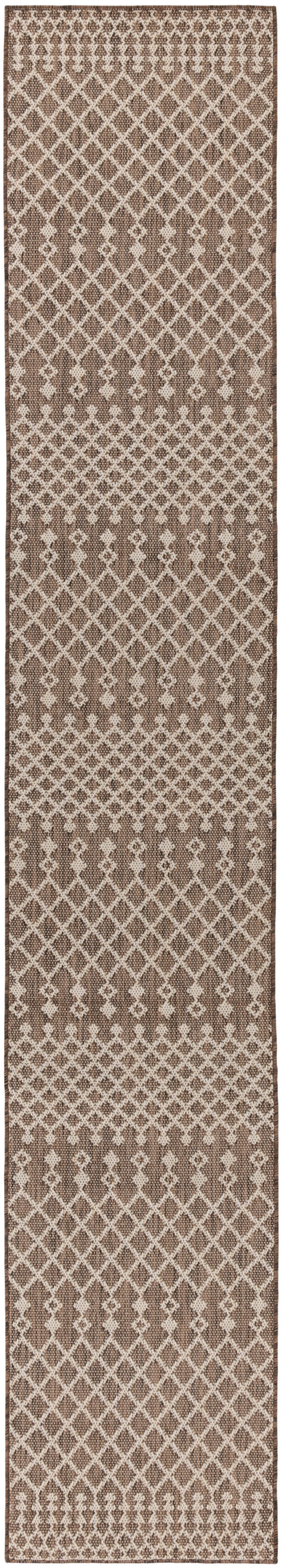 Long brown and cream geometric lattice runner rug with diamond trellis pattern.