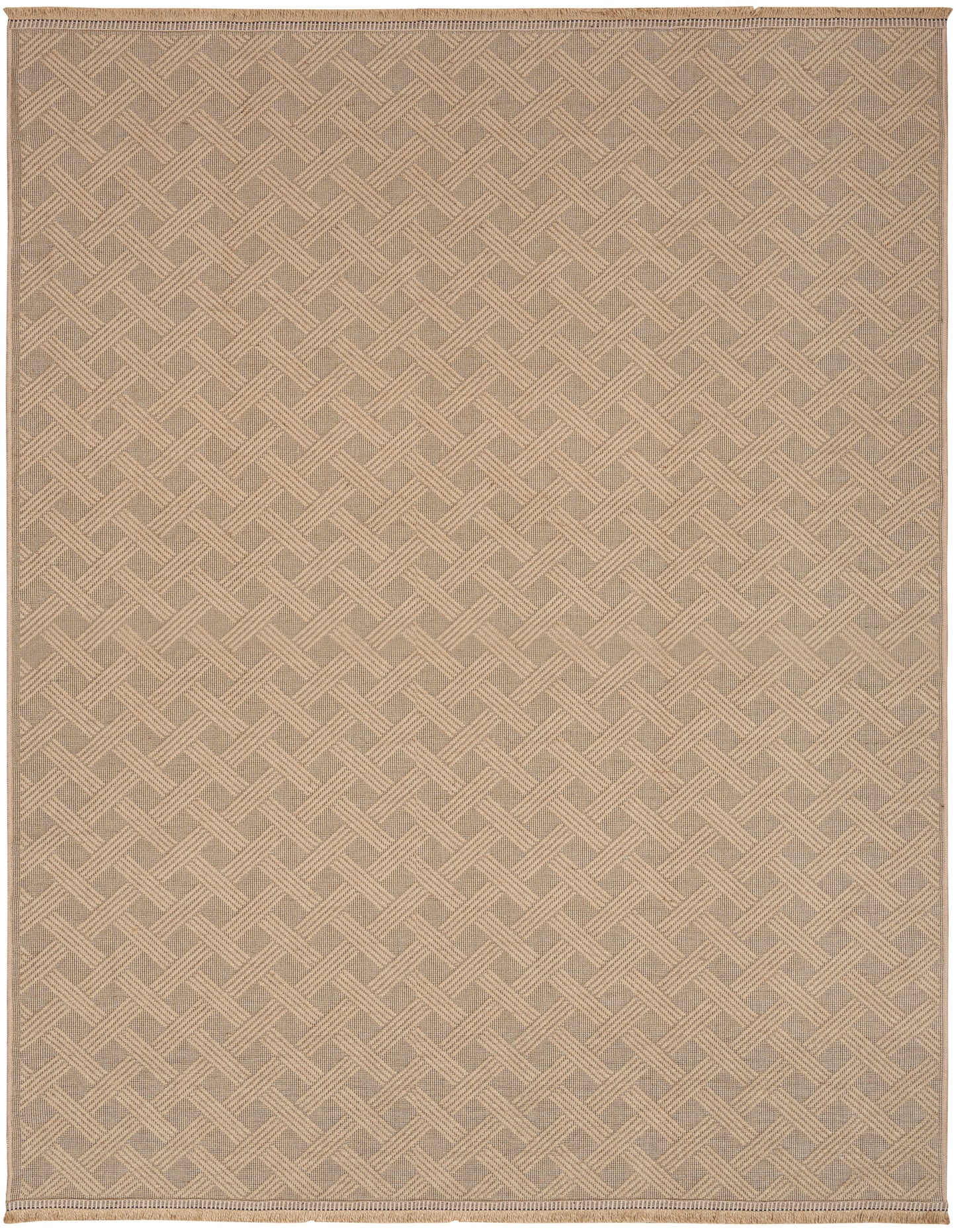 Beige rectangular woven rug with a subtle diamond lattice pattern, natural fibers, flat-weave texture and narrow border.