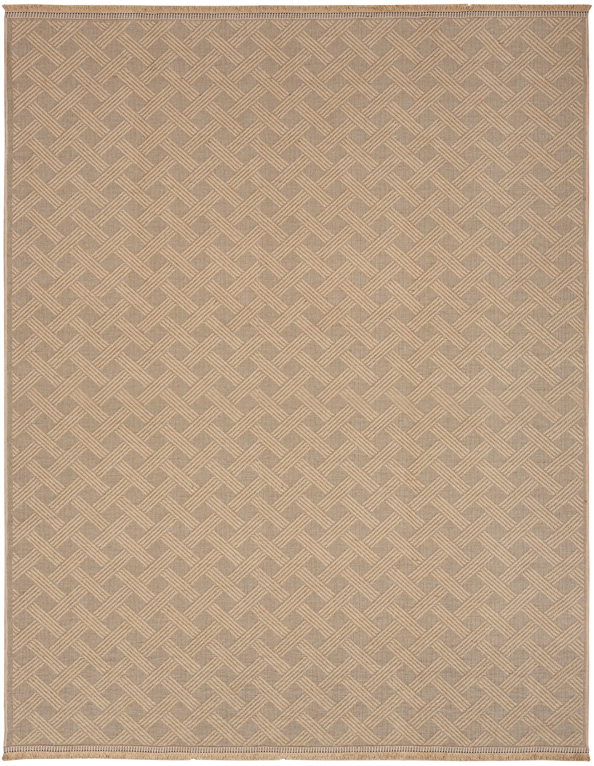 Beige rectangular woven rug with a subtle diamond lattice pattern, natural fibers, flat-weave texture and narrow border.