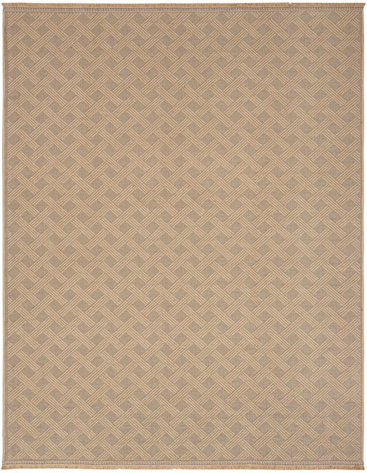 Beige rectangular woven rug with a subtle diamond lattice pattern, natural fibers, flat-weave texture and narrow border.