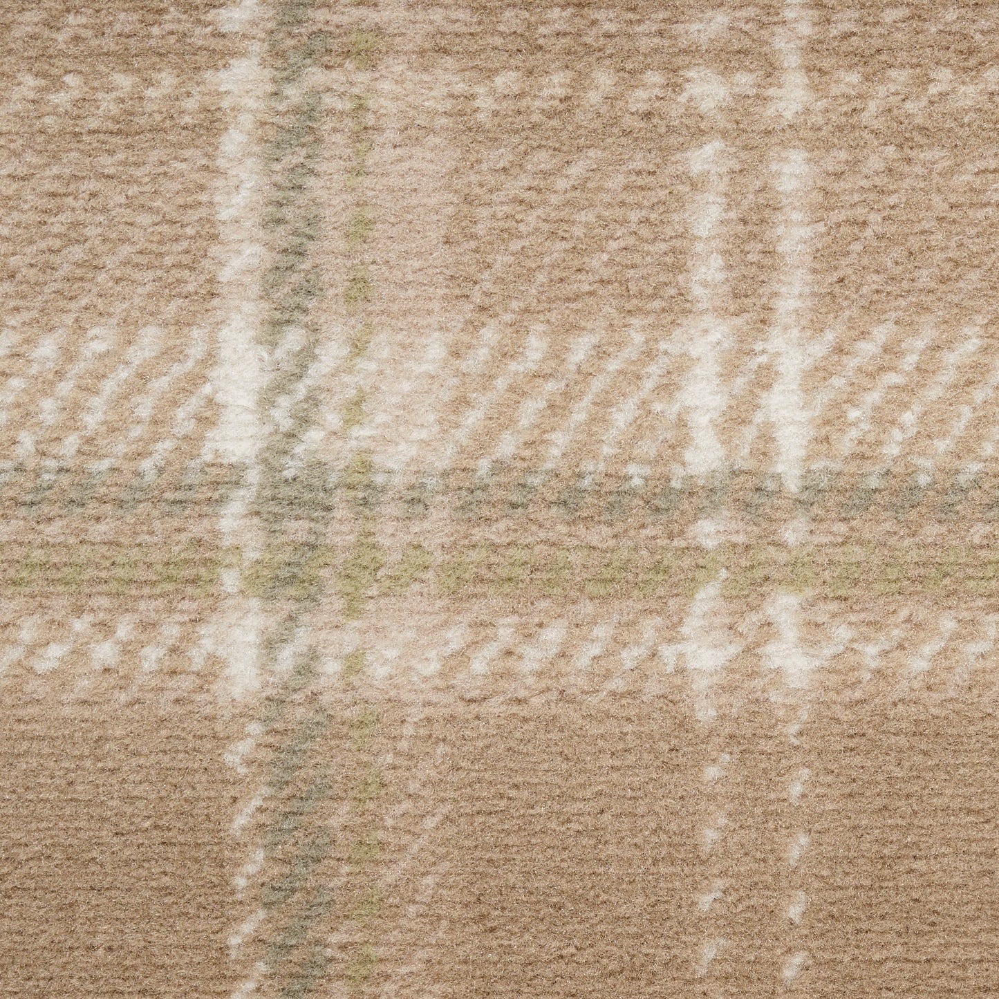 Beige plaid rug runner with cream and pale green stripes, soft wool-blend material.
