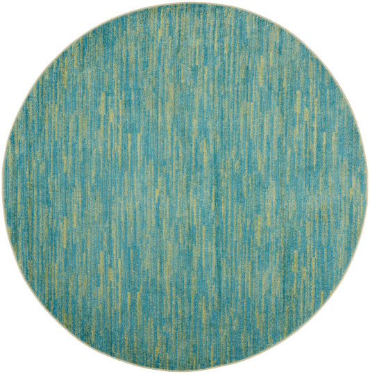 6 foot round Blue Green Nourison Essentials area rug, durable indoor outdoor round rug with modern solid texture, versatile blue and green rug for living room, patio, bedroom, dining area, coastal décor, and high traffic home spaces.