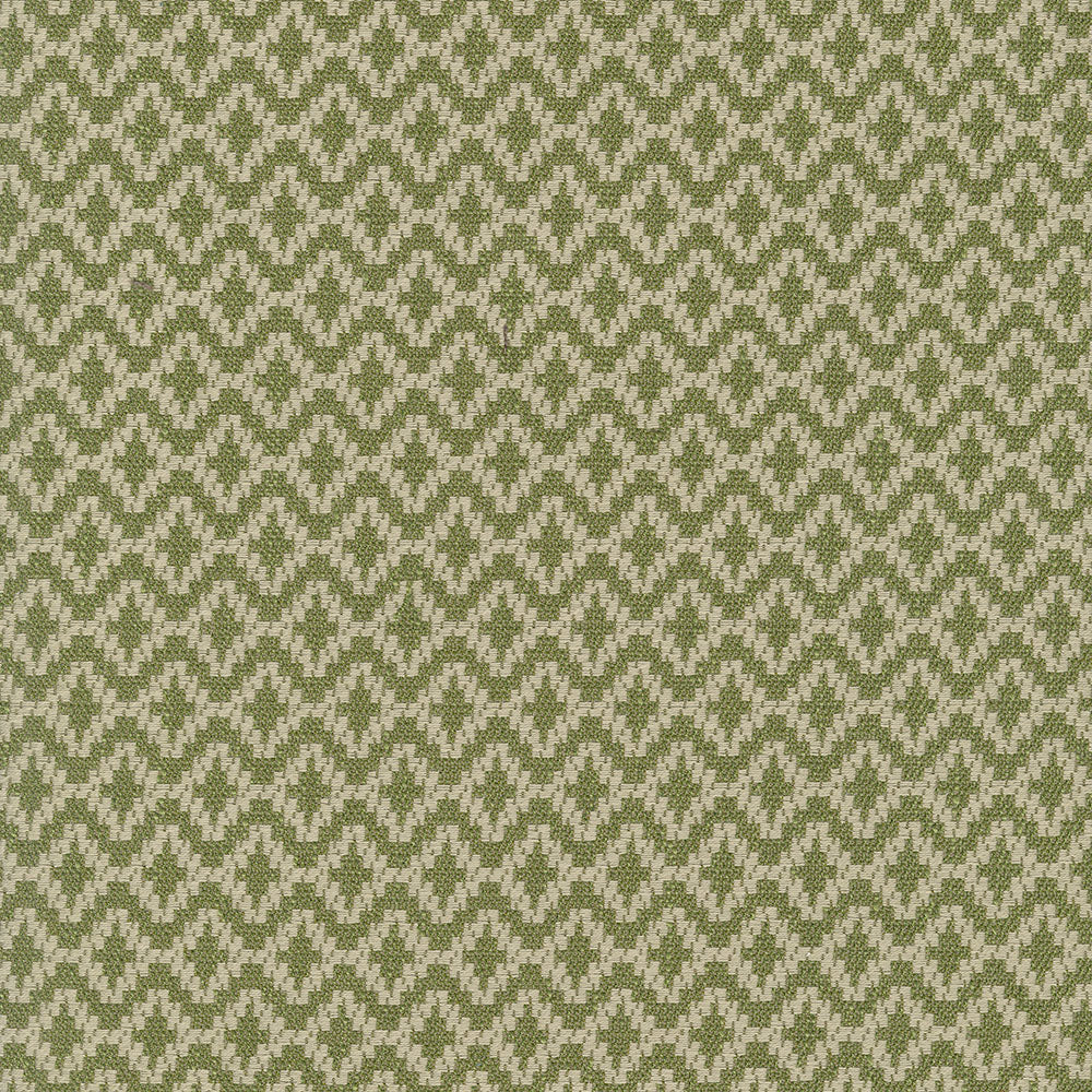 Olive green and beige woven fabric with a repeating diamond lattice pattern; textured upholstery fabric.