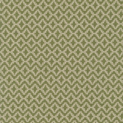Olive green and beige woven fabric with a repeating diamond lattice pattern; textured upholstery fabric.