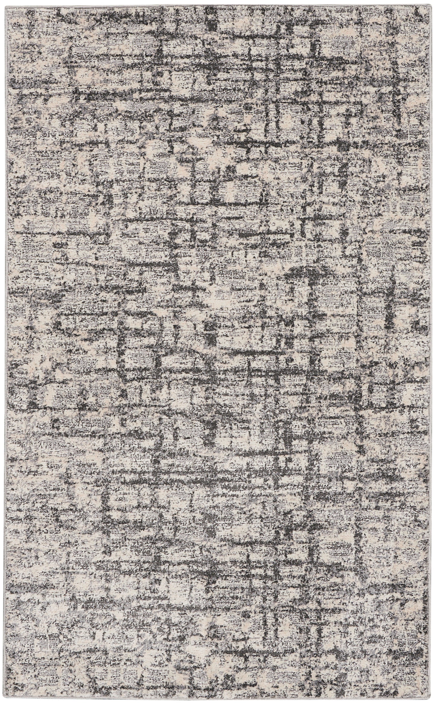 Rectangular area rug with beige & charcoal distressed abstract pattern; soft, low-pile, modern contemporary style.