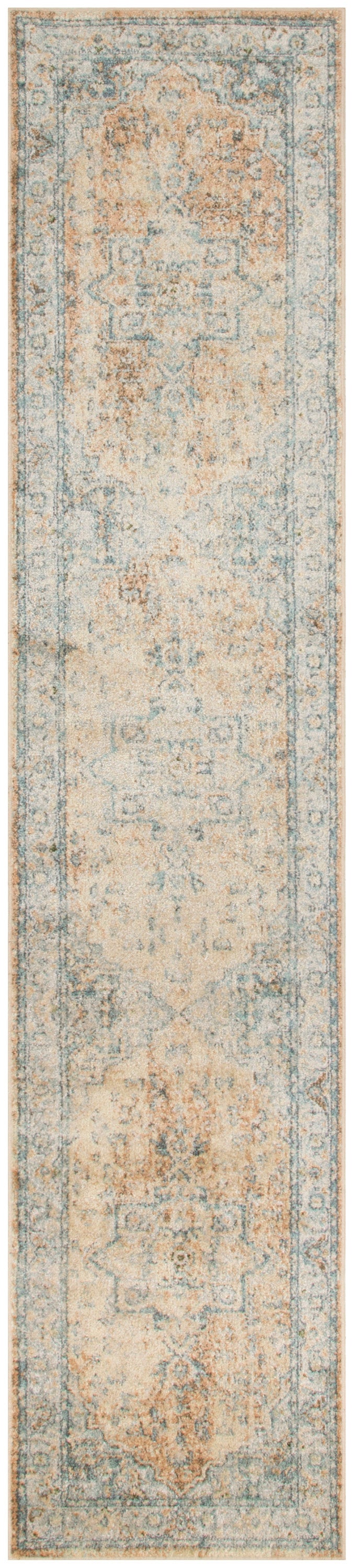 Narrow runner rug with distressed blue-beige ornamental medallion pattern in vintage Persian-inspired style.