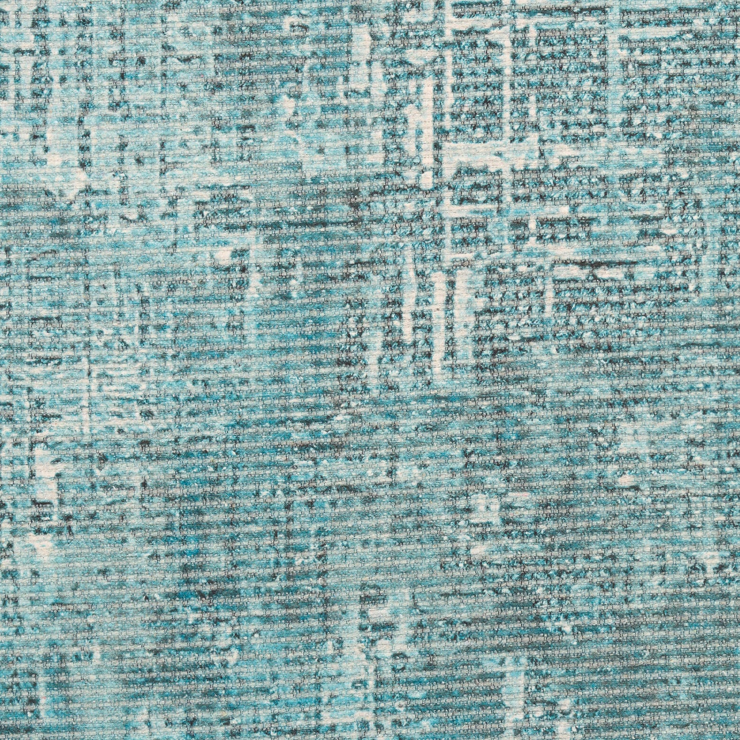 Teal and ivory distressed geometric runner rug with a woven texture; rectangular 6' runner.