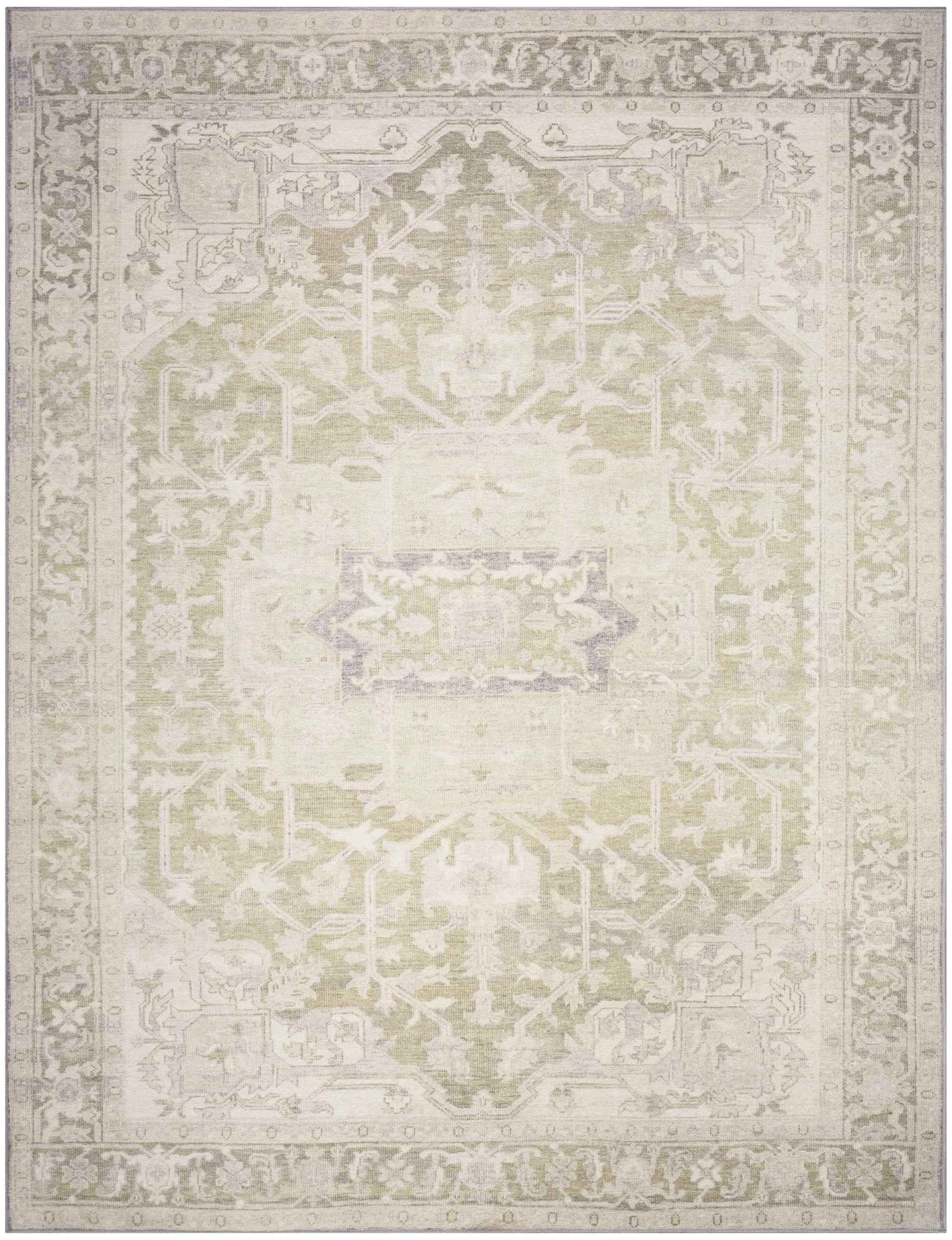 Cream and beige oriental area rug with a faded central medallion and decorative border.