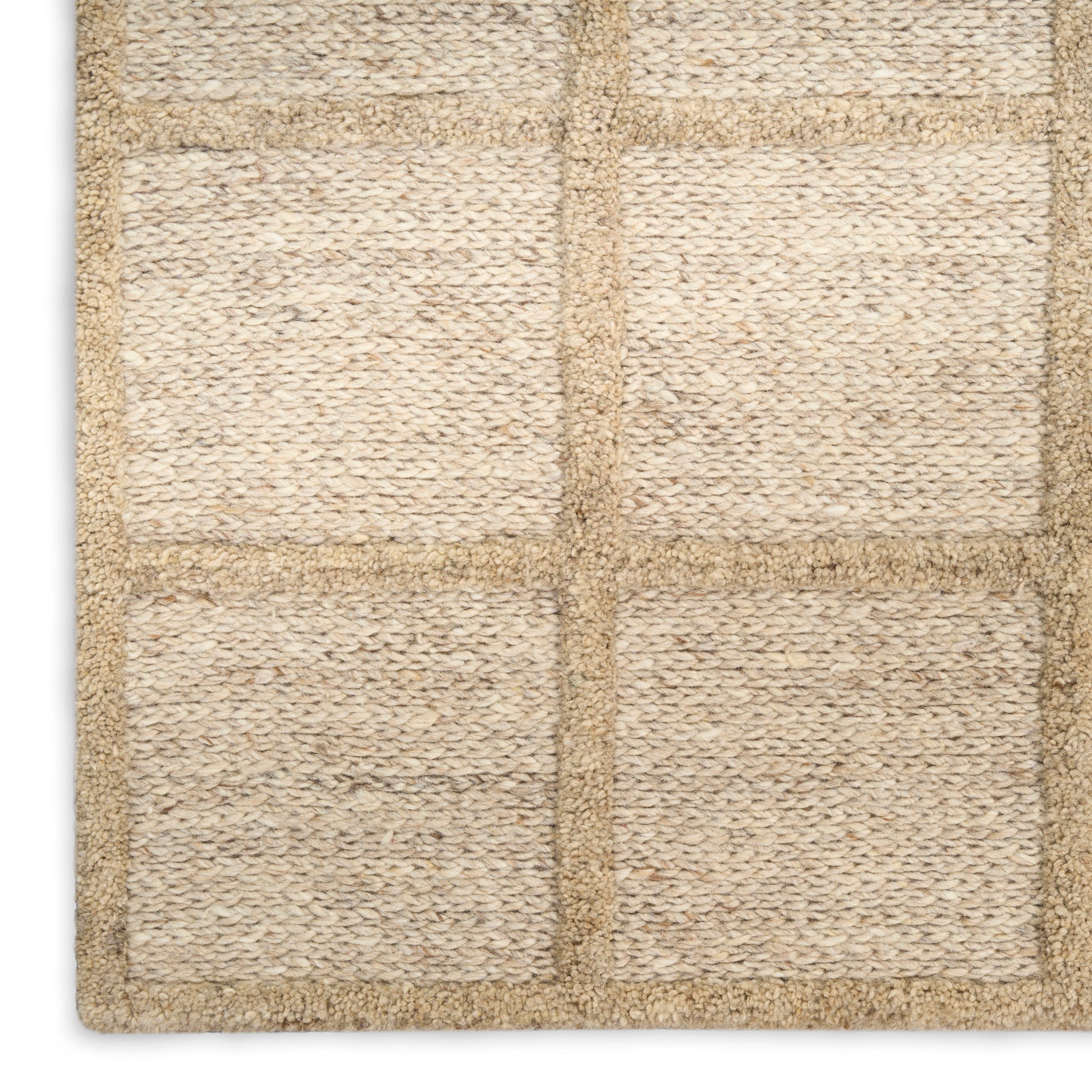 Natural beige jute rug with a squared grid pattern and plush woven texture; rectangular, for living room decor.