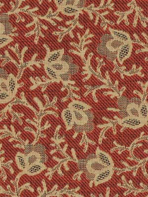 Red damask fabric with cream floral vines; jacquard weave, vintage upholstery or drapery textile.