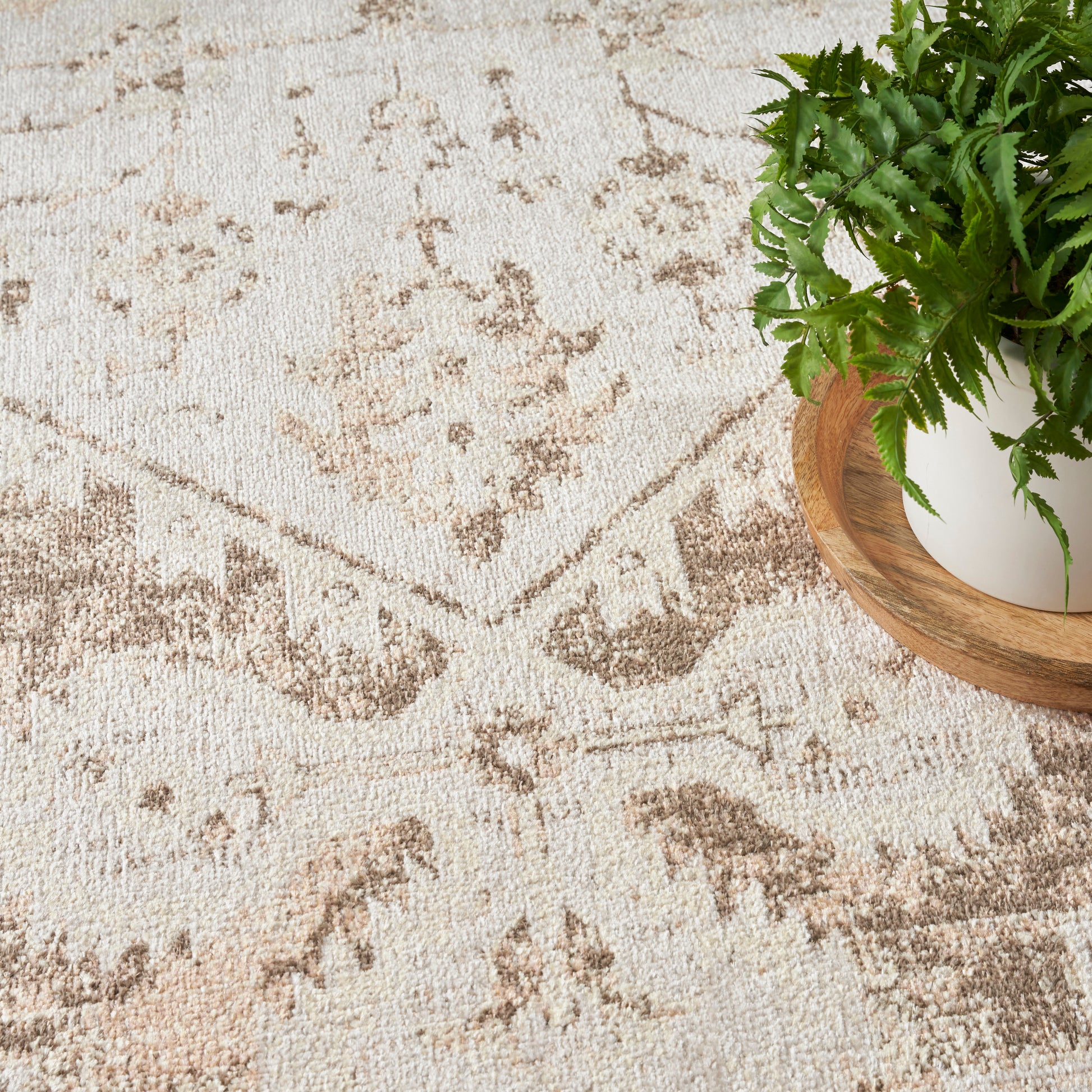 Beige vintage-style rug with brown abstract motifs; green fern in white pot on a round wooden tray.