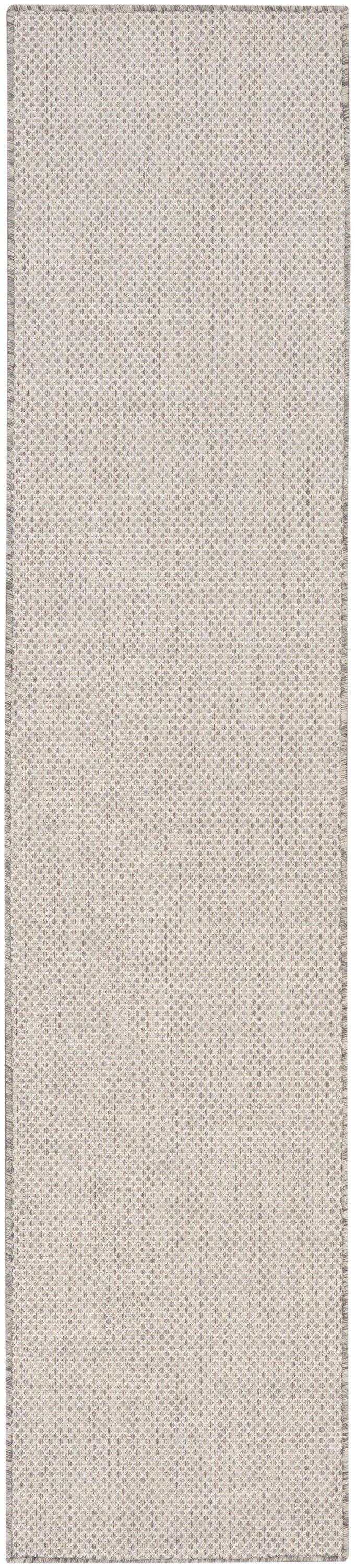 Beige woven rug runner with subtle diamond lattice pattern and gray edge borders.