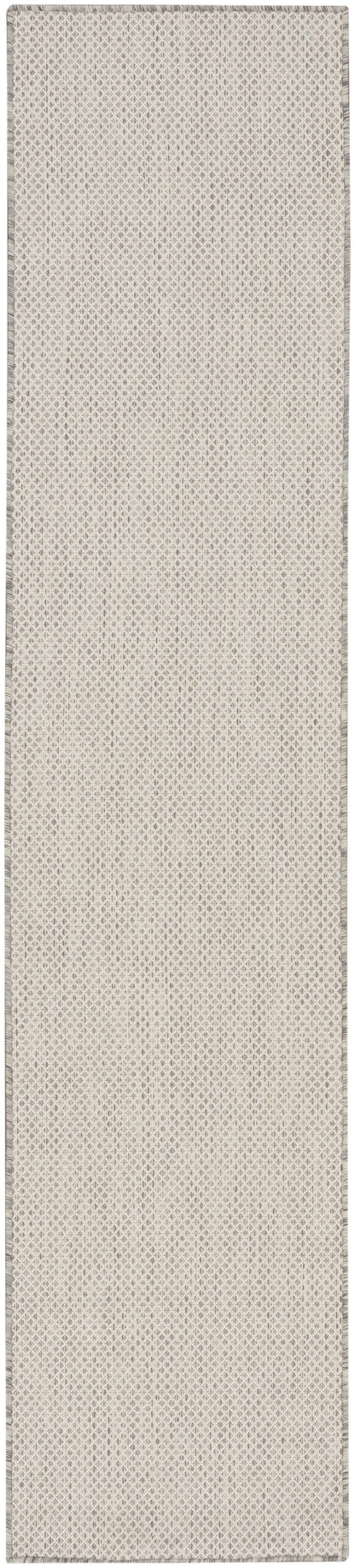Beige woven rug runner with subtle diamond lattice pattern and gray edge borders.