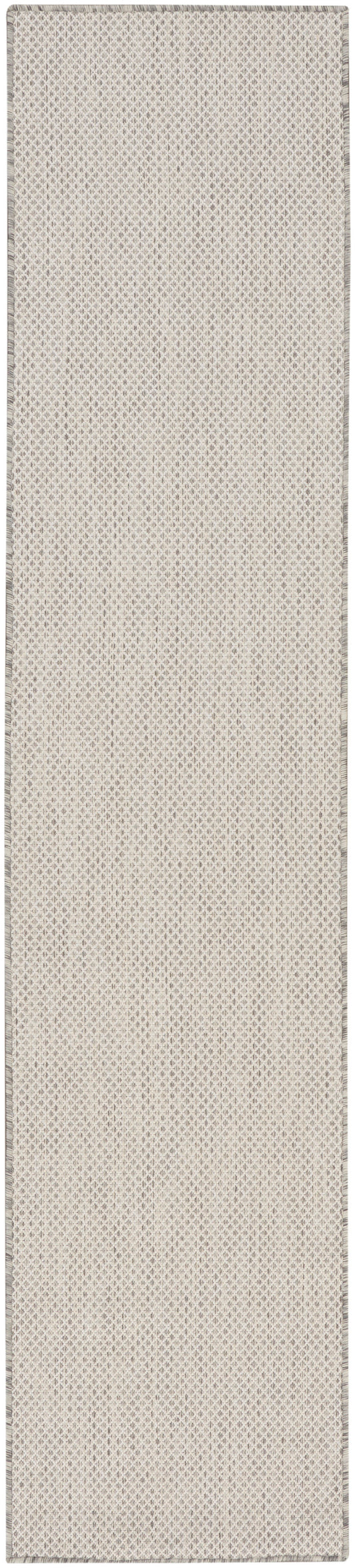 Beige woven rug runner with subtle diamond lattice pattern and gray edge borders.