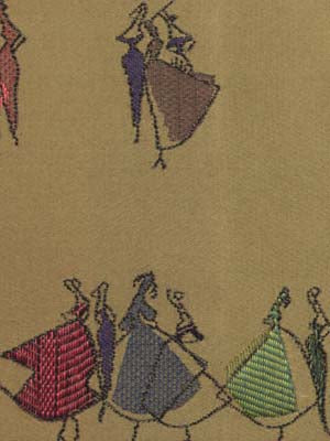 Beige fabric pattern with vintage dancing silhouettes in colorful gowns: purple, blue, pink & green.