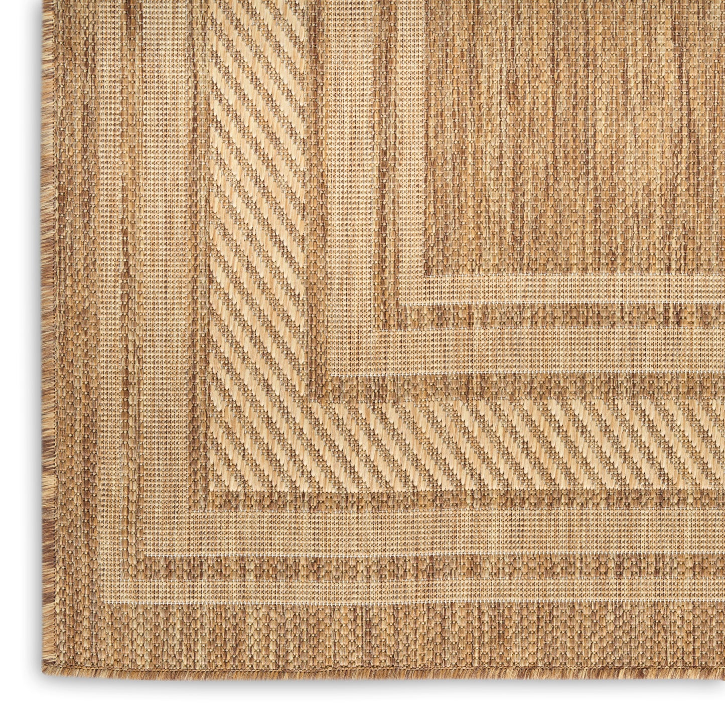 Natural beige jute rug with layered rectangular borders and textured woven stripes.