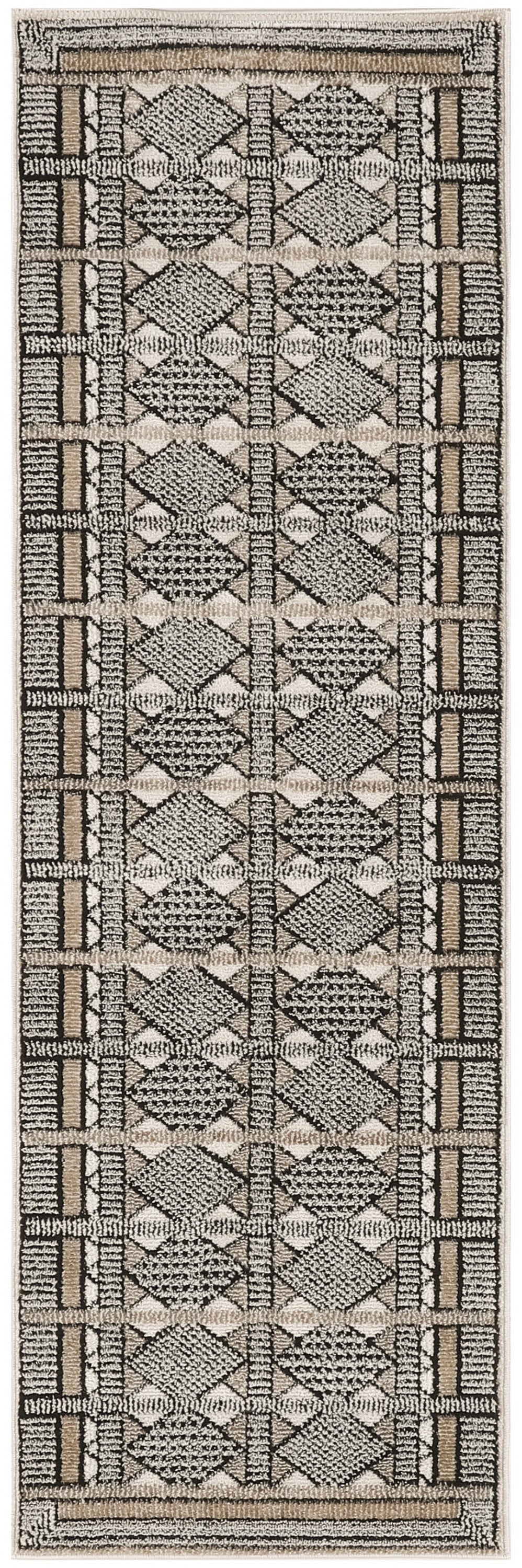 Beige textured runner rug featuring a black diamond lattice pattern with taupe border stripes.