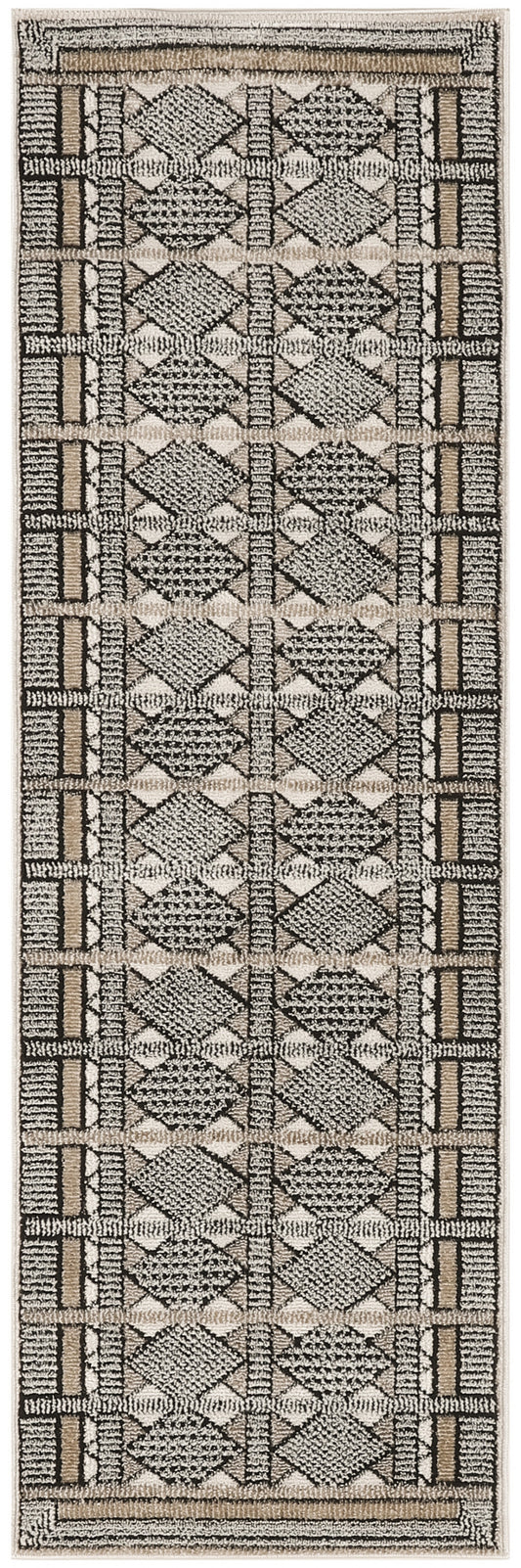Beige textured runner rug featuring a black diamond lattice pattern with taupe border stripes.