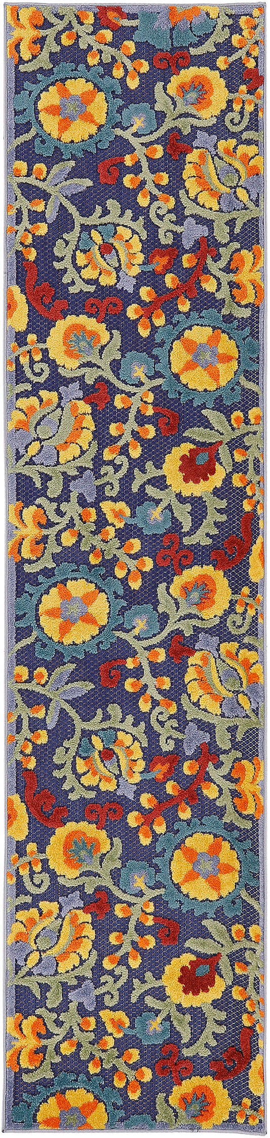 Outdoor narrow oriental floral runner rug with navy background, bright yellow and orange blooms, green vines and red accents.