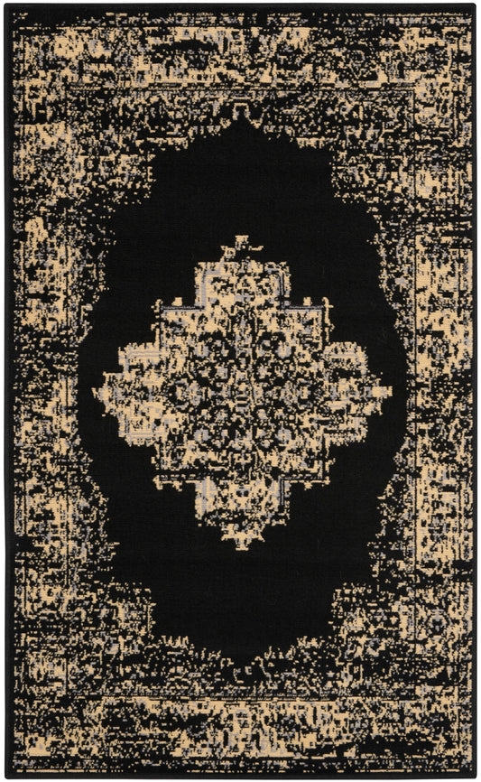 Black area rug featuring a distressed beige Persian-inspired central medallion and ornate border.