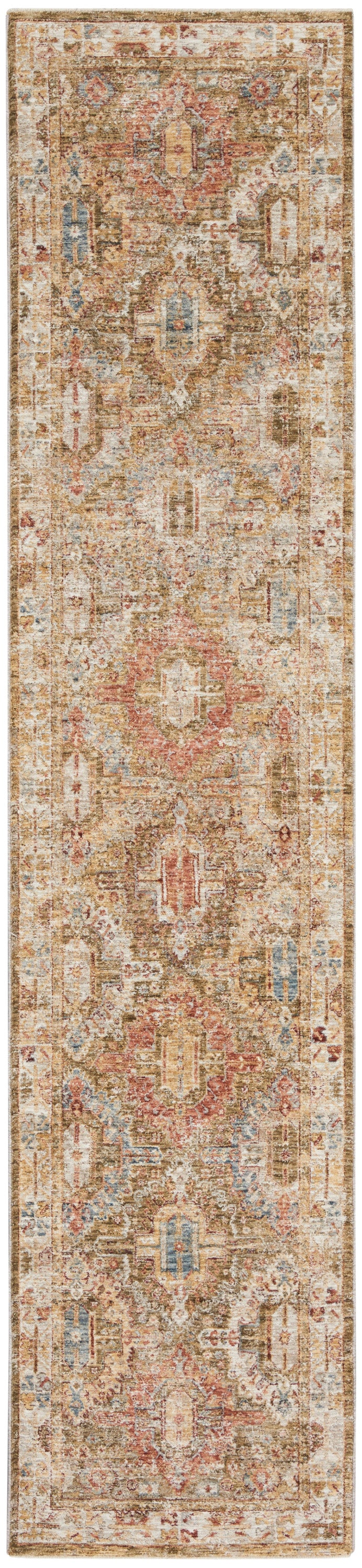 Long distressed Persian-style runner rug with beige-cream base and soft pink, blue, and gold accents.
