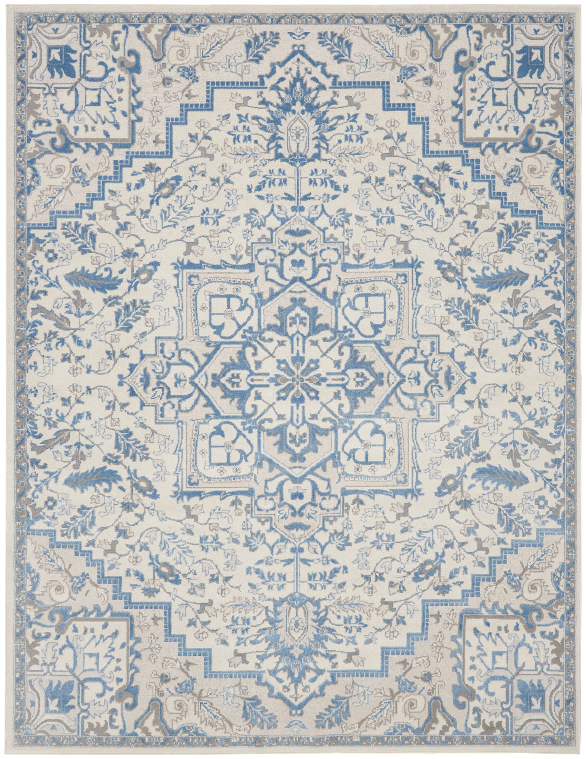 Blue and ivory oriental rug featuring a central floral medallion, intricate arabesques and stepped border.