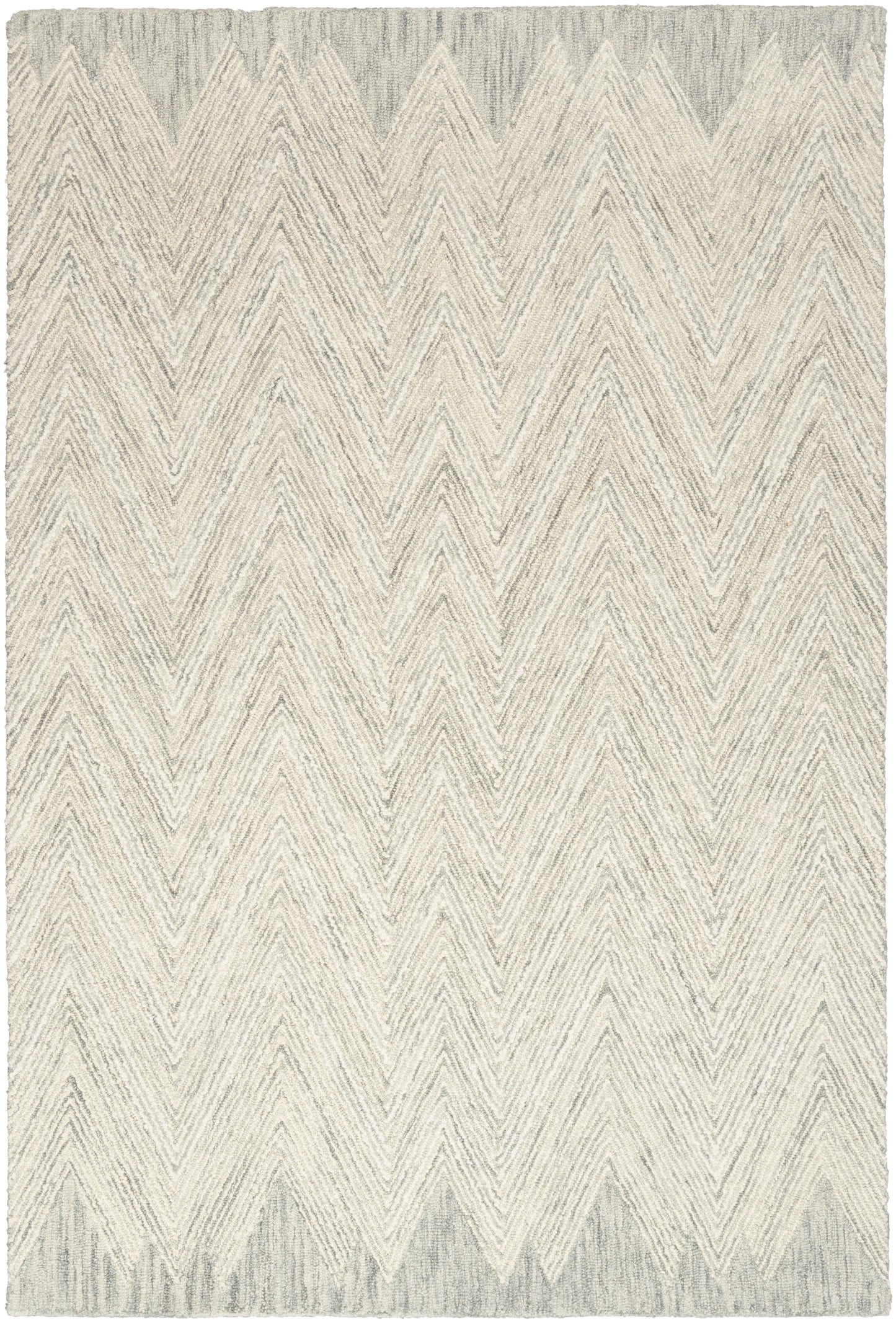 Neutral gray chevron rug with a textured pile and ivory-gray zigzag pattern.