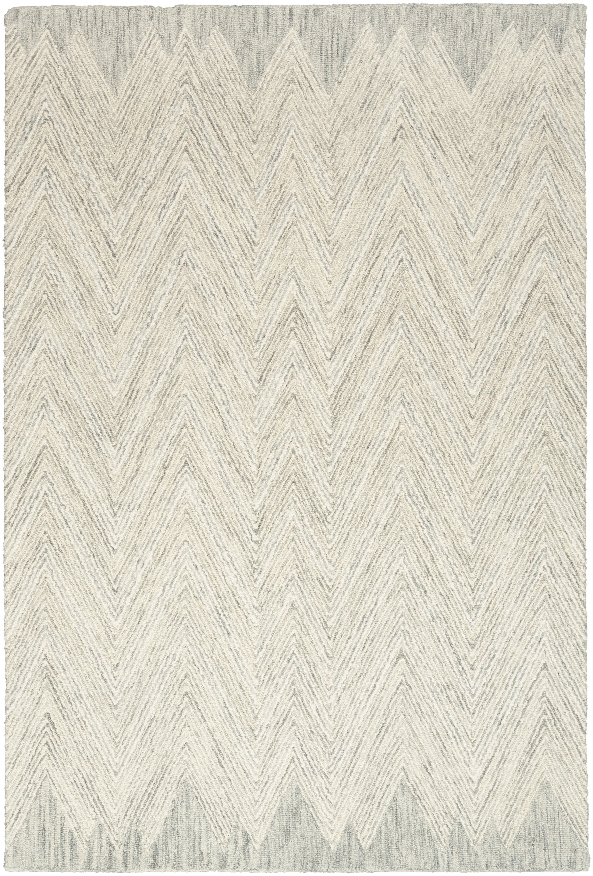 Neutral gray chevron rug with a textured pile and ivory-gray zigzag pattern.