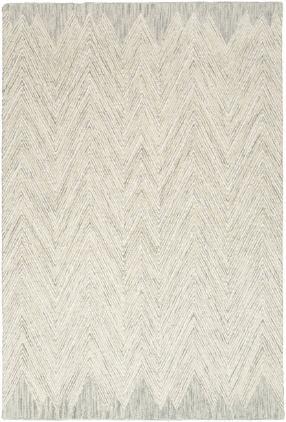 Neutral gray chevron rug with a textured pile and ivory-gray zigzag pattern.
