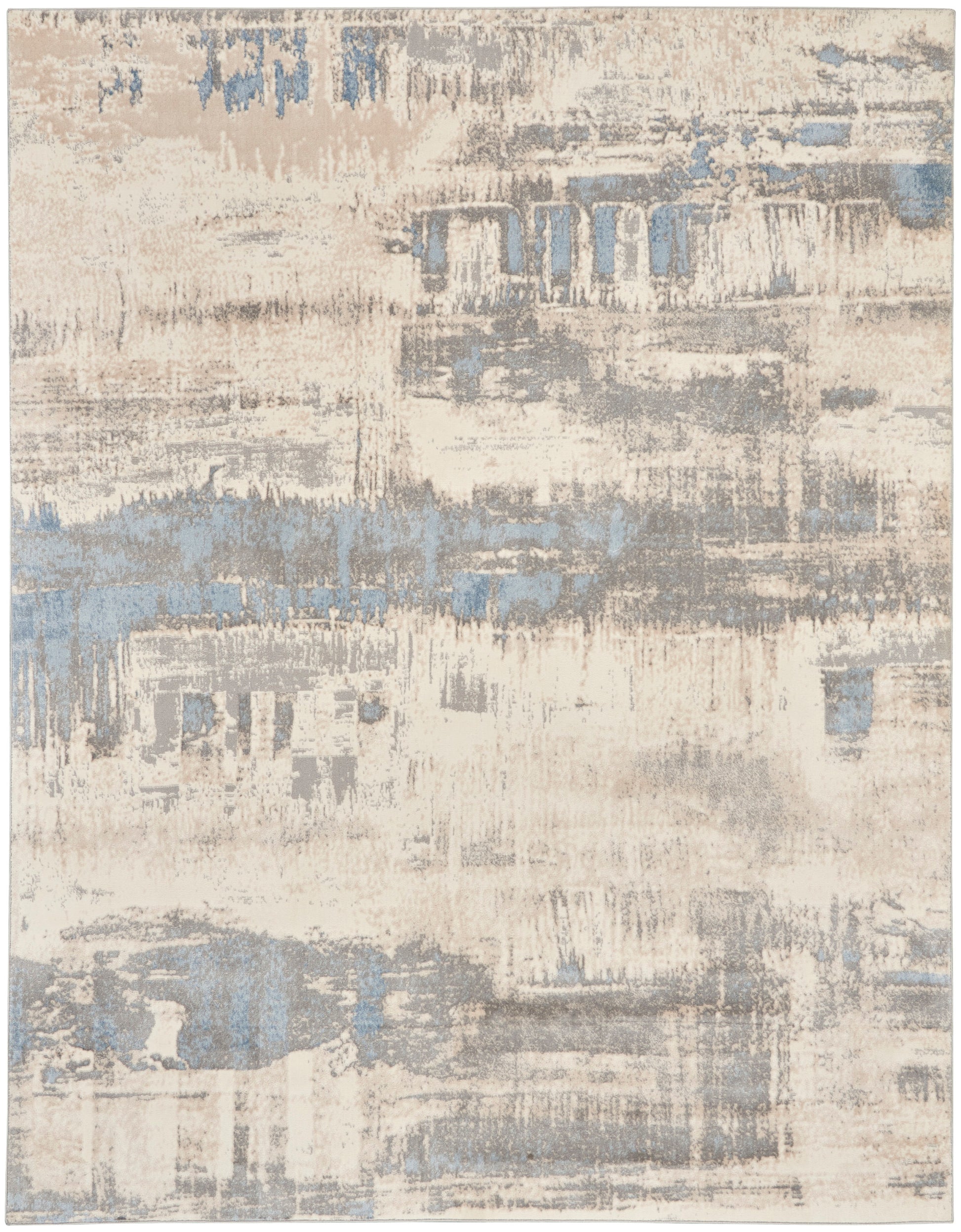 Abstract distressed area rug in cream, beige and blue-gray; modern, versatile for living room.