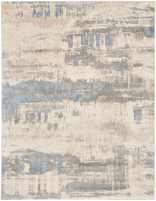 Abstract distressed area rug in cream, beige and blue-gray; modern, versatile for living room.