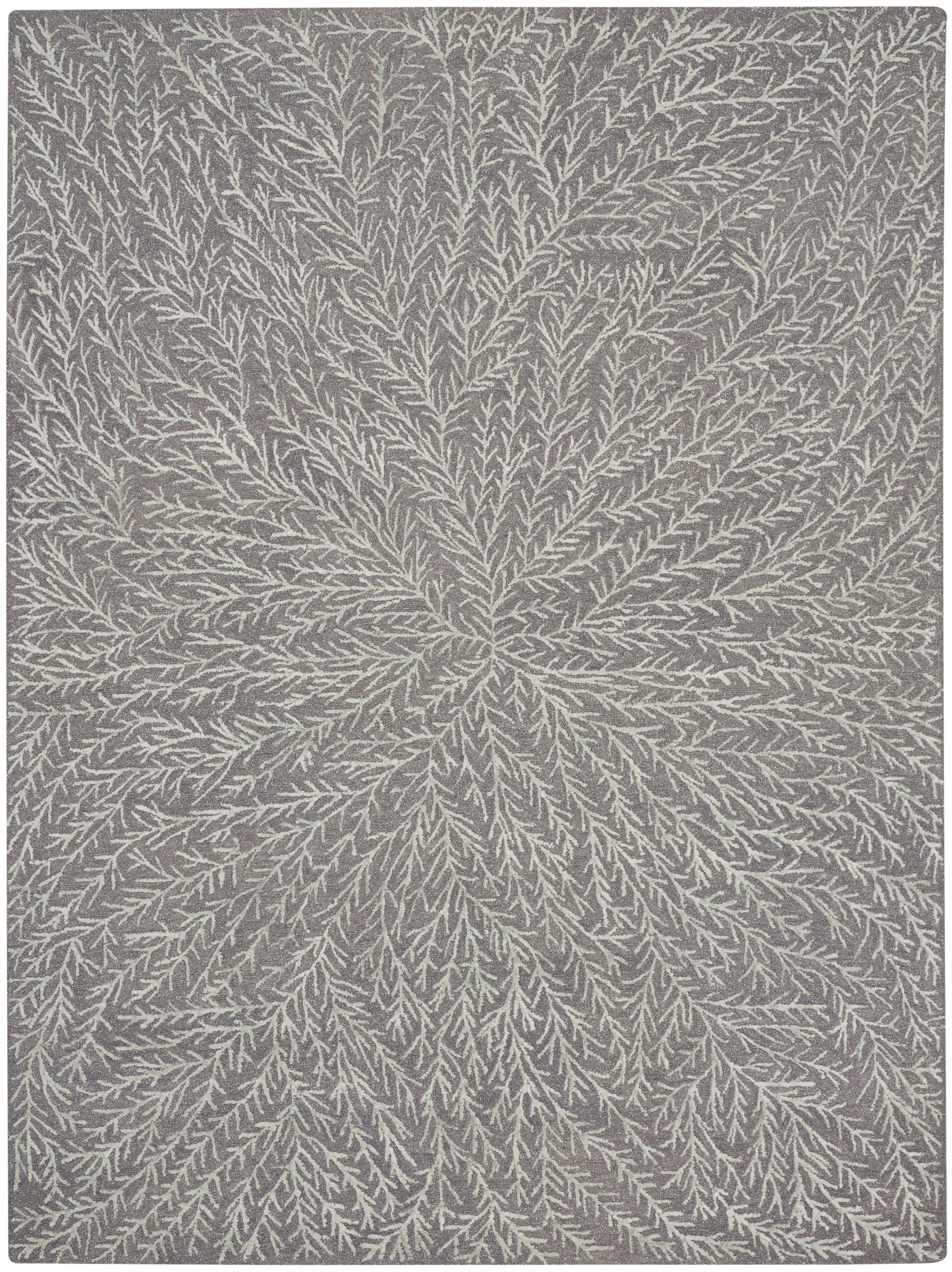 Grey rug with white branch-like dendritic pattern, soft textured pile, modern botanical style