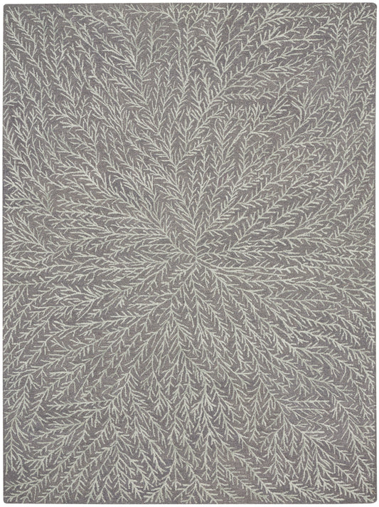 Grey rug with white branch-like dendritic pattern, soft textured pile, modern botanical style