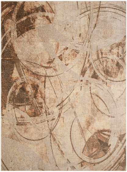 Abstract beige-brown rug featuring overlapping circular rings and sweeping arcs on a textured background; modern rug.