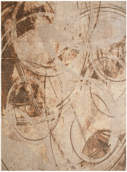 Abstract beige-brown rug featuring overlapping circular rings and sweeping arcs on a textured background; modern rug.