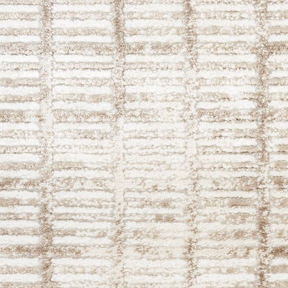 Close-up of cream and beige textured rug with a raised linear grid pattern.