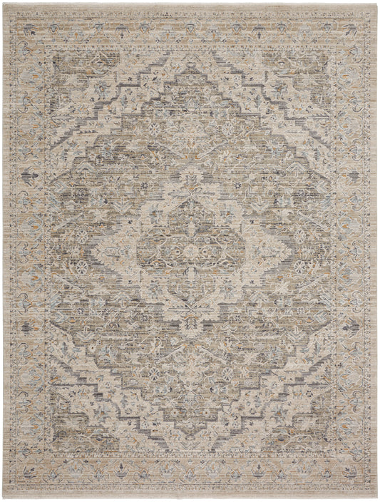 Neutral distressed traditional oriental area rug with a central medallion, gray-blue, beige and ivory tones, ornate floral border.