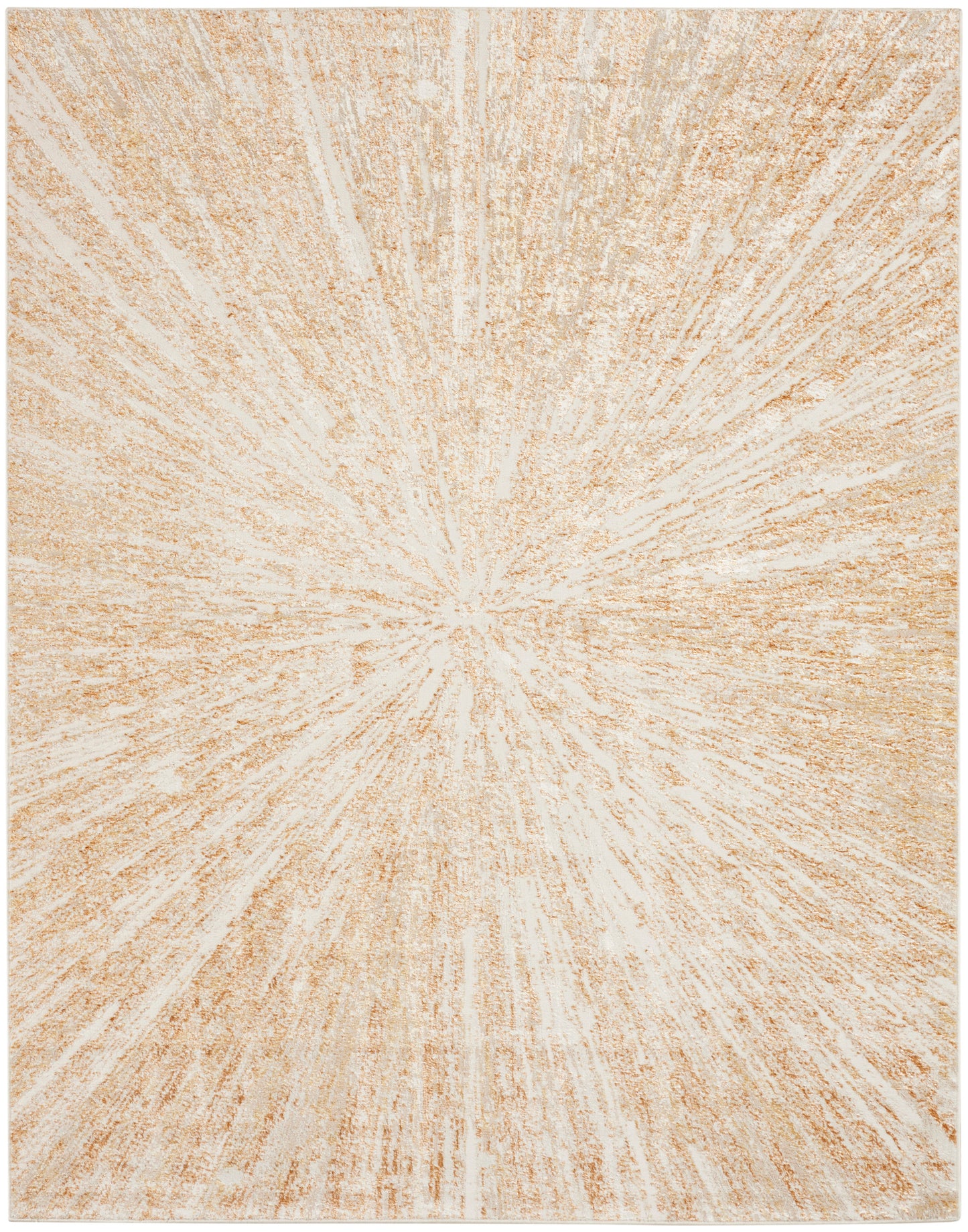 Beige rectangular rug with cream radiating sunburst pattern and soft textured pile.