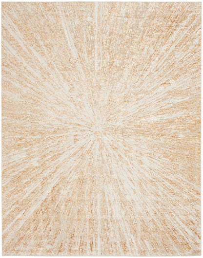 Beige rectangular rug with cream radiating sunburst pattern and soft textured pile.