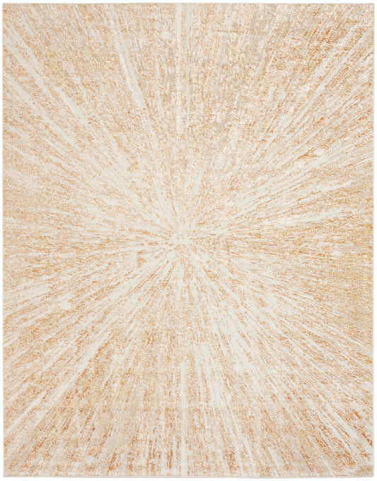 Beige rectangular rug with cream radiating sunburst pattern and soft textured pile.
