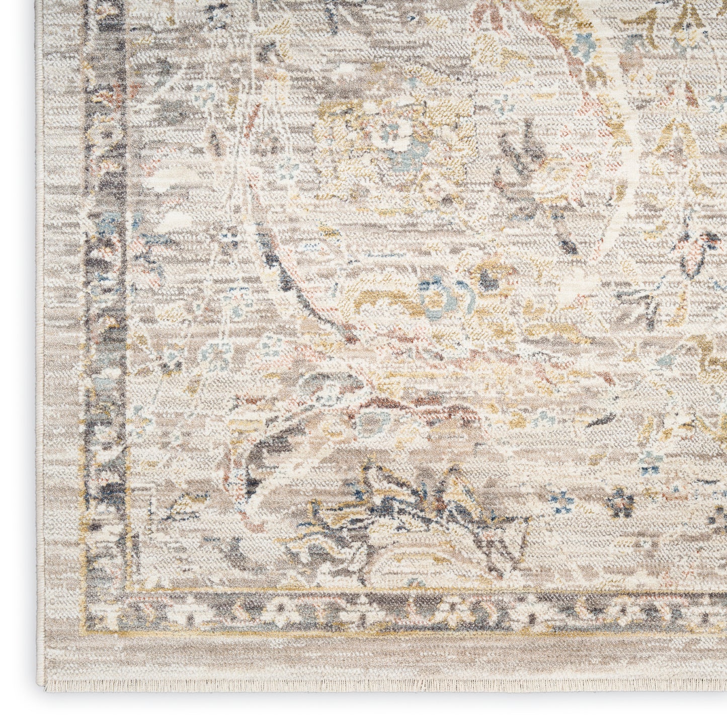Cream vintage oriental runner rug with pale blue, gold and brown floral motifs and decorative border.