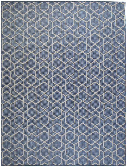 Blue rug with interlocking white hexagon lattice pattern and subtle dotted texture.
