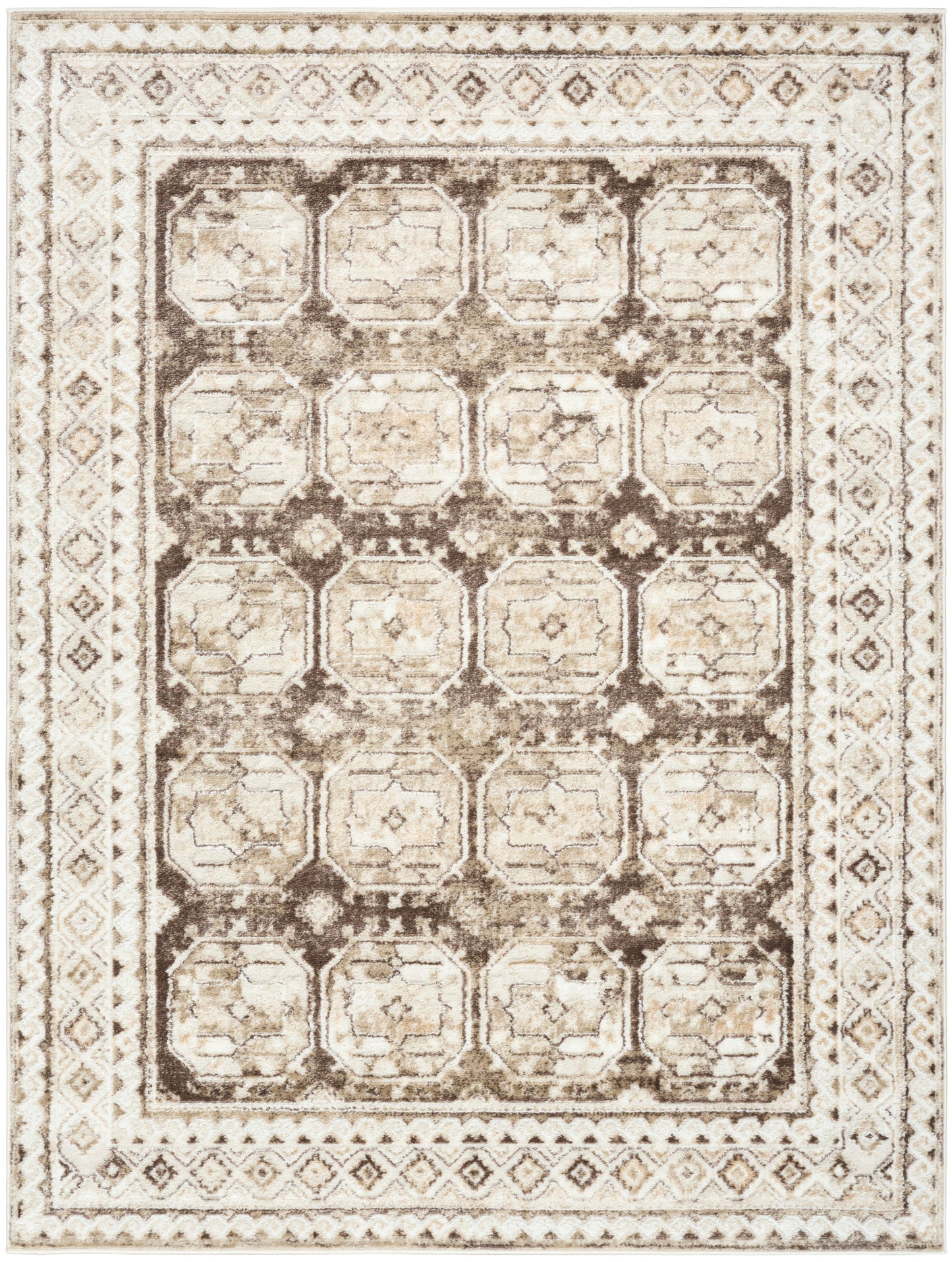 Beige distressed oriental rug with a brown geometric medallion grid and decorative borders.