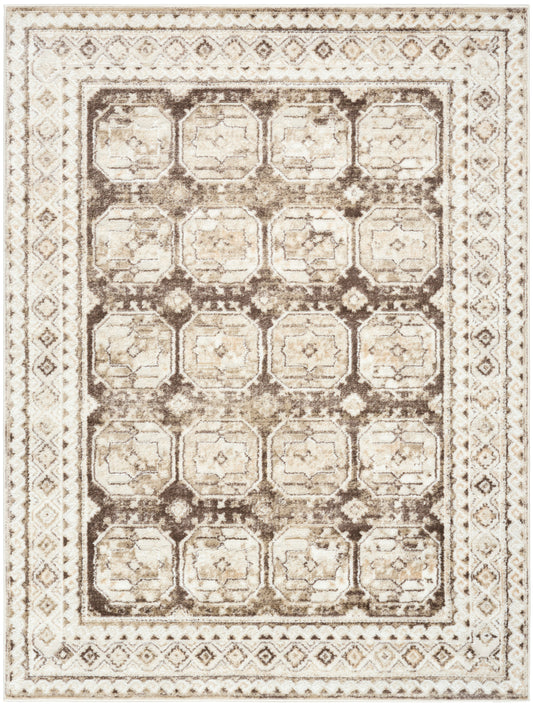 Beige distressed oriental rug with a brown geometric medallion grid and decorative borders.