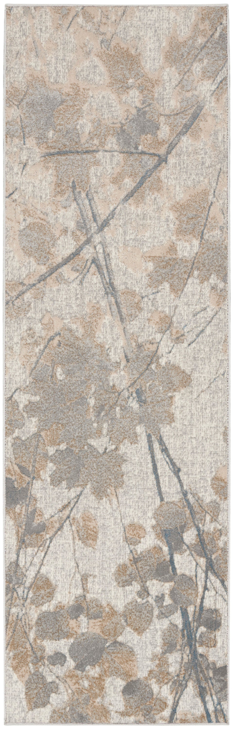 Neutral abstract floral area rug with beige, taupe and gray shapes and blue-gray stems; rectangular, soft textured.