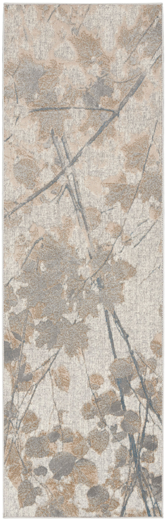 Neutral abstract floral area rug with beige, taupe and gray shapes and blue-gray stems; rectangular, soft textured.