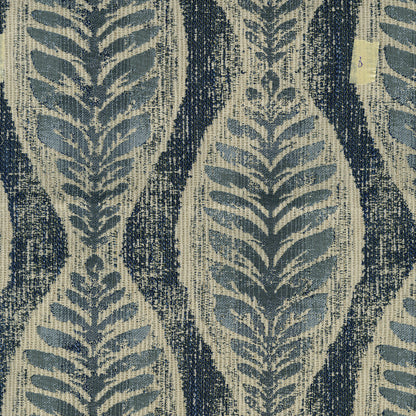 Woven indigo and beige fabric with vertical fern leaf motifs in a botanical stripe pattern.