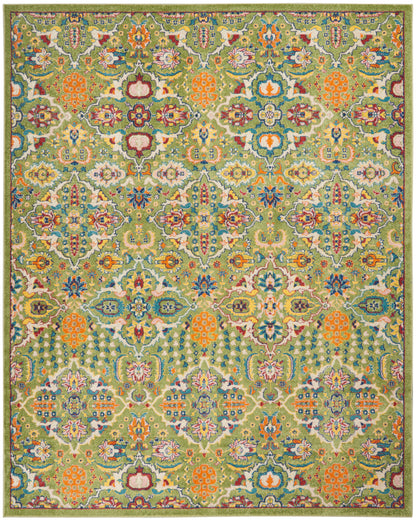 Green oriental rug with bright multicolor floral medallions and decorative border; traditional, versatile for living room.