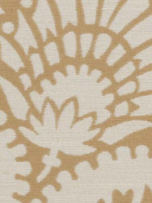Beige floral medallion pattern on cream upholstery fabric; sunburst motif, warm organic textile design.